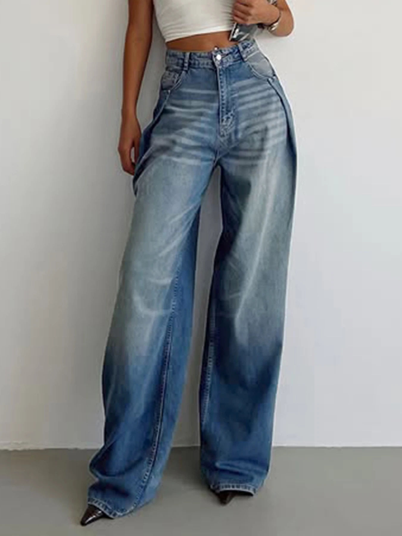 

Rockmore Baggy Women's Jeans Y2K Boyfriend Street Denim Pants Ladies High Rise Wide Leg Distressed Washed Trousers 90s Vintage