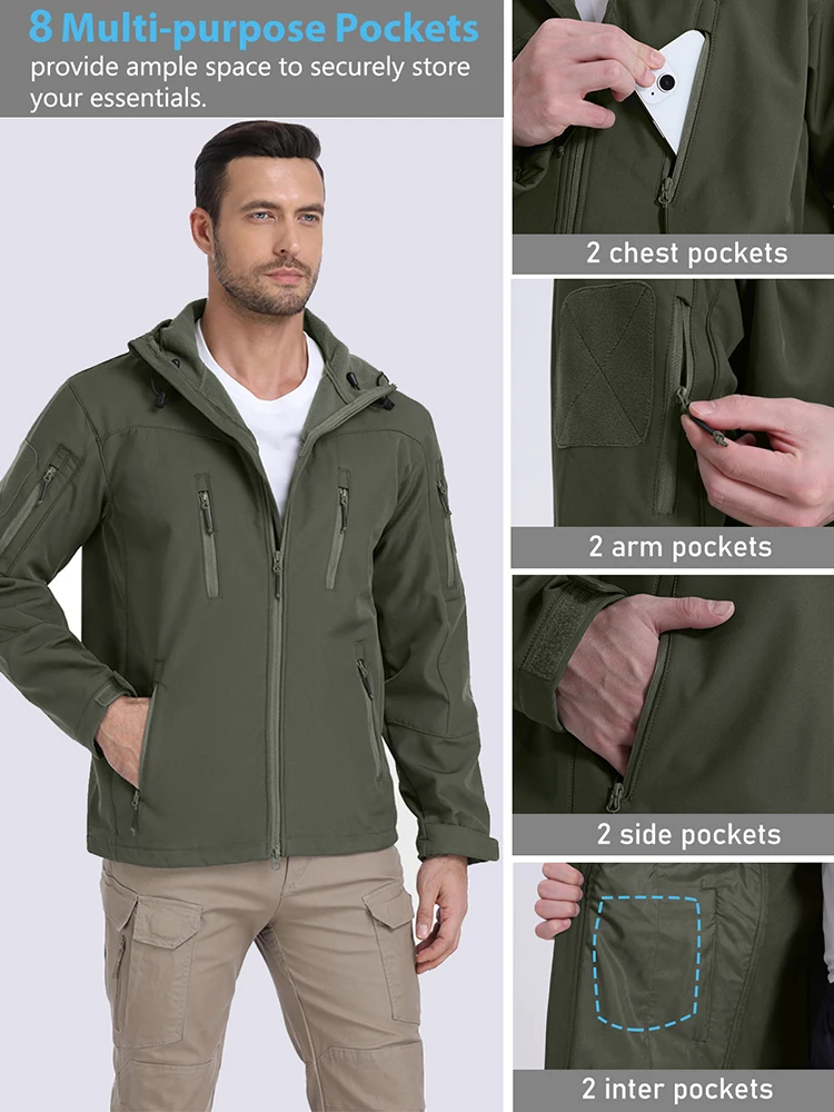Men\'s Waterproof Softshell Tactical Jacket Outdoor Hiking Skiing Windbreaker Jacket Winter Windproof Fleece Hoodie Coat