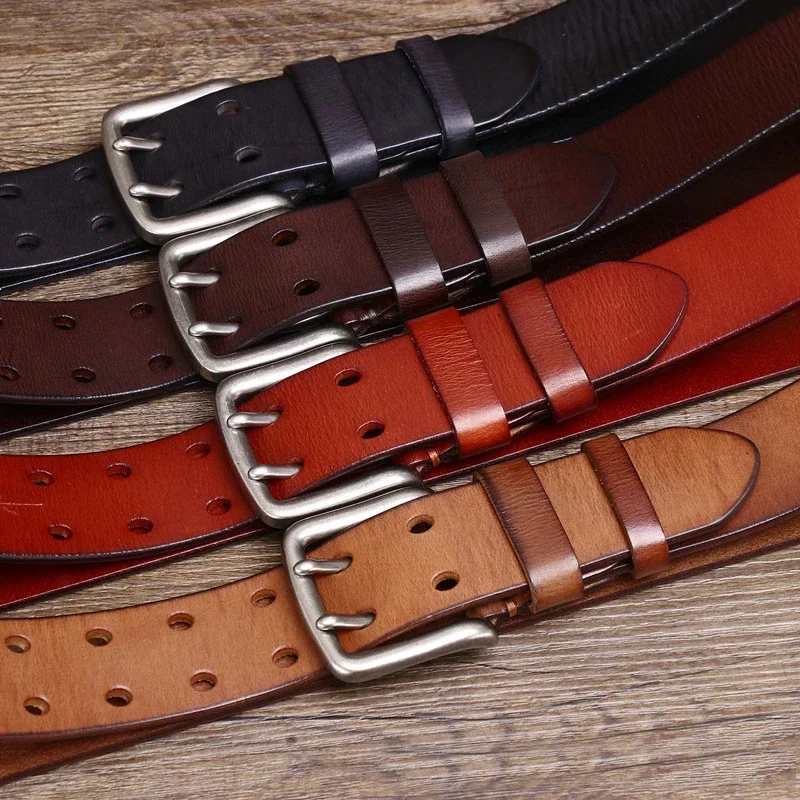 3.8cm Width Belts for Men Male Gift Mens Cowskin Genuine Leather Designer Belt Vintage Jeans Belt Strap Double Pin Buckle 2024