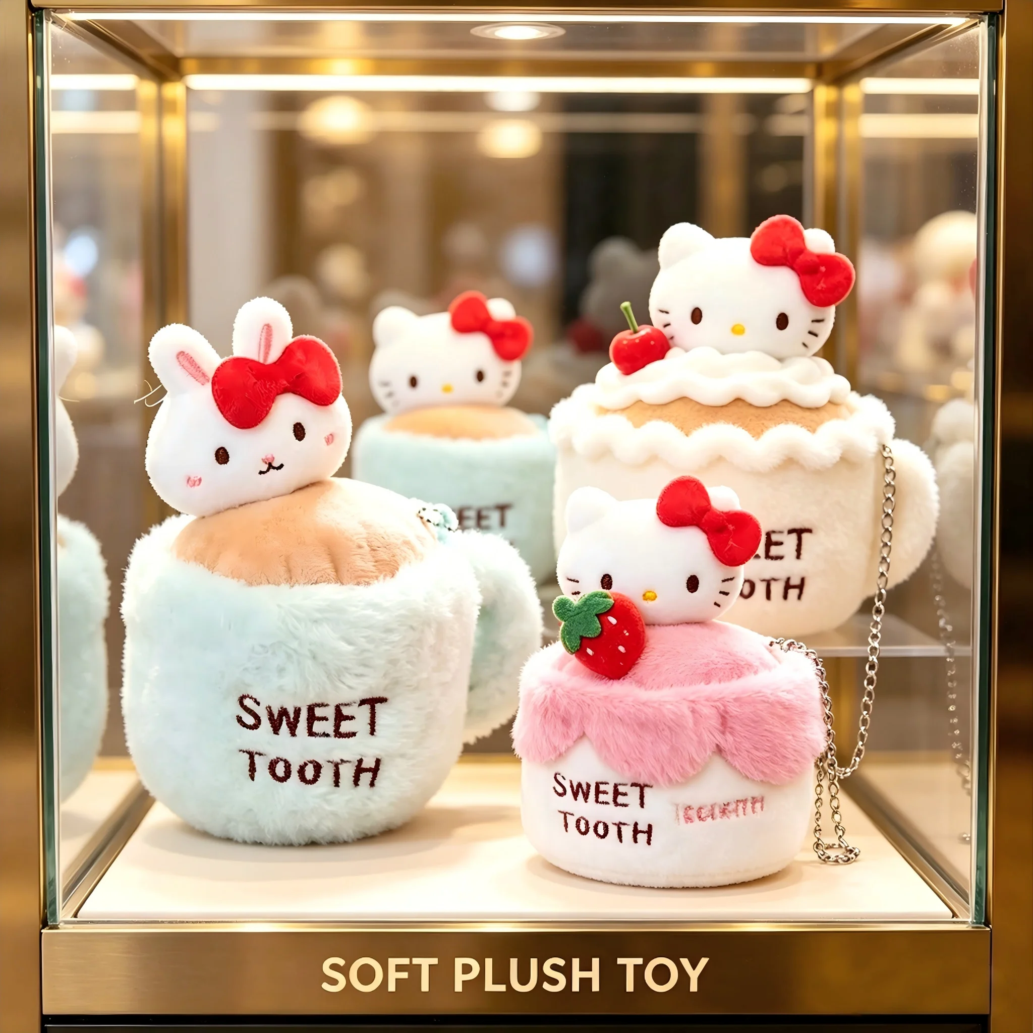 New Hello Kitty Cake Plush Pendant, Cute Cartoon Strawberry Cherry Mini Bag Pendant Keychain, Soft Plush Doll