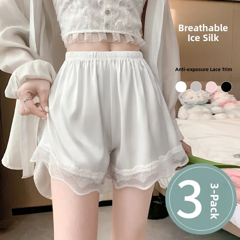 Ladies Lace Safety Pants Summer Thin Ice Silk Loose Bottom Shorts Wide Waistband White Transparent Lightweight Underwear
