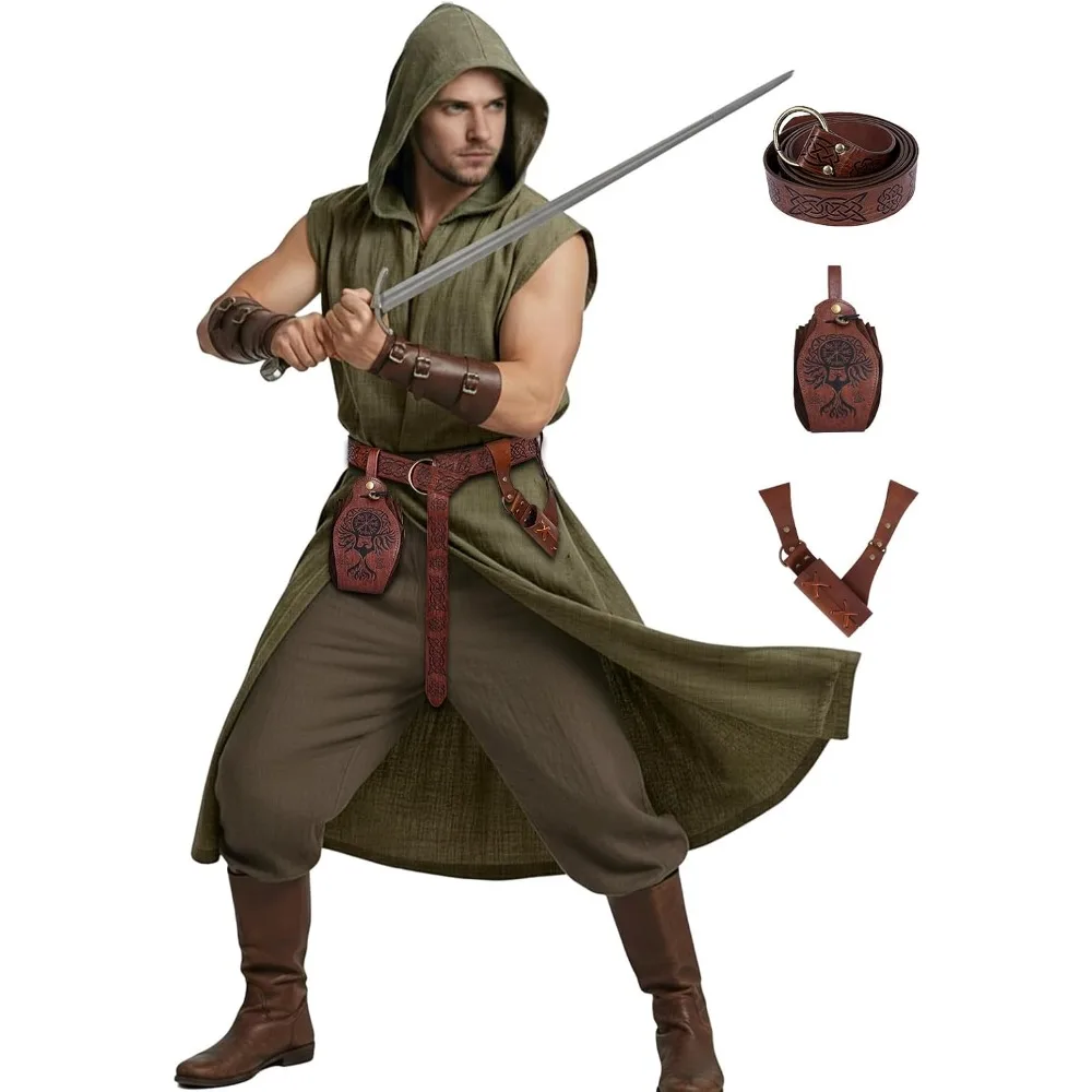 

Renaissance Medieval Costume Set for Men - 4PC Viking Hooded Sleeveless Surcoat Halloween Cosplay Apparel