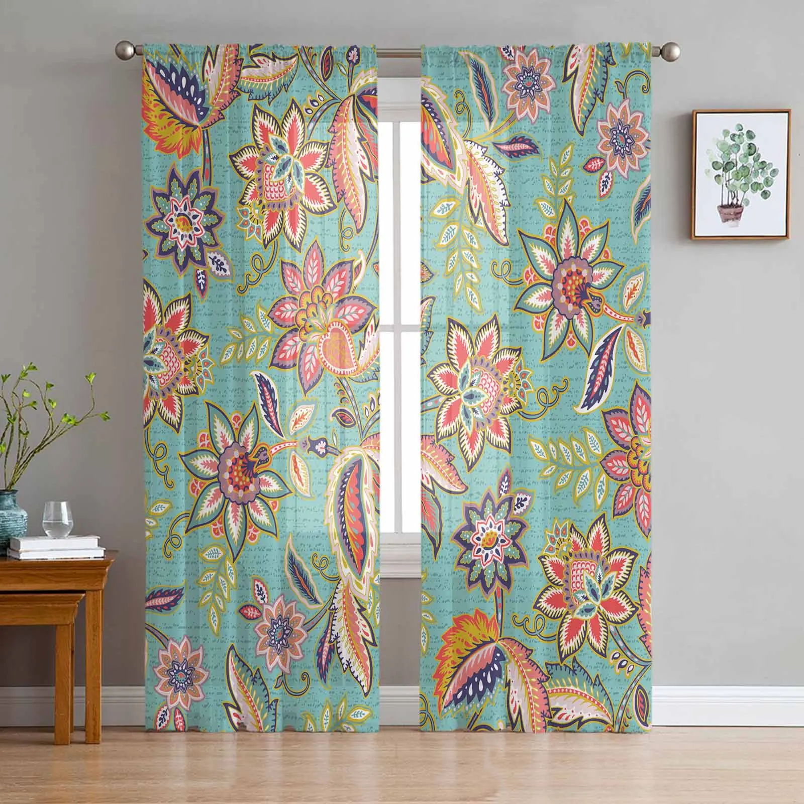 

Abstract Flower Paisley Ethnic Leaves Vintage Sheer Curtains for Kids Bedroom Living Room Voile Window Curtains Tulle Drapes