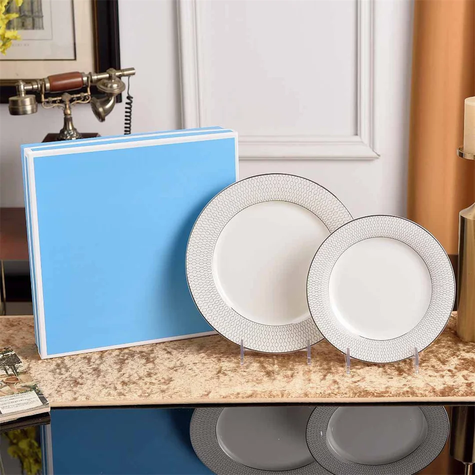 

European Silvery Geometric High-end Household 8/10in Dining Plate Light Luxury Bone china Steak Western Plate Kitchen Utensils