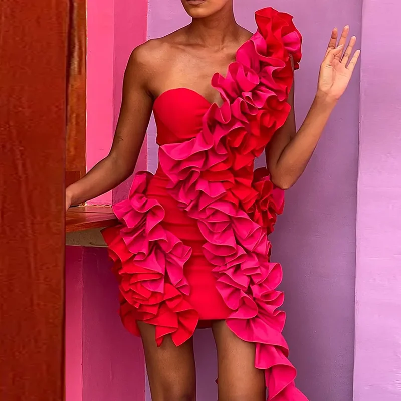 Rüschen-Design Schlankes Club-Party-Kleid Asymmetrisches Enges Einfarbiges Damenkleid Lässiges Schulterfreies Patchwork Musikfestival-Kleid