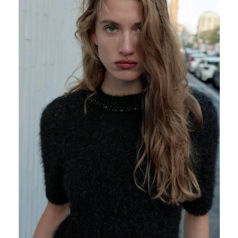 Zimowa nowa mata Damska dzianinowa bluzka z okrągłym dekoltem i koralikami Biżuteria Top Poliester Casual Dojazdy do pracy