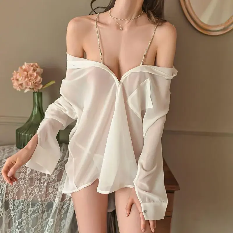 Women Nightgown Sexy Sleepwear Shirt Dresses Night Gowns Big Size Chain Chiffon Strapless See-through Pajamas Loungewear Design