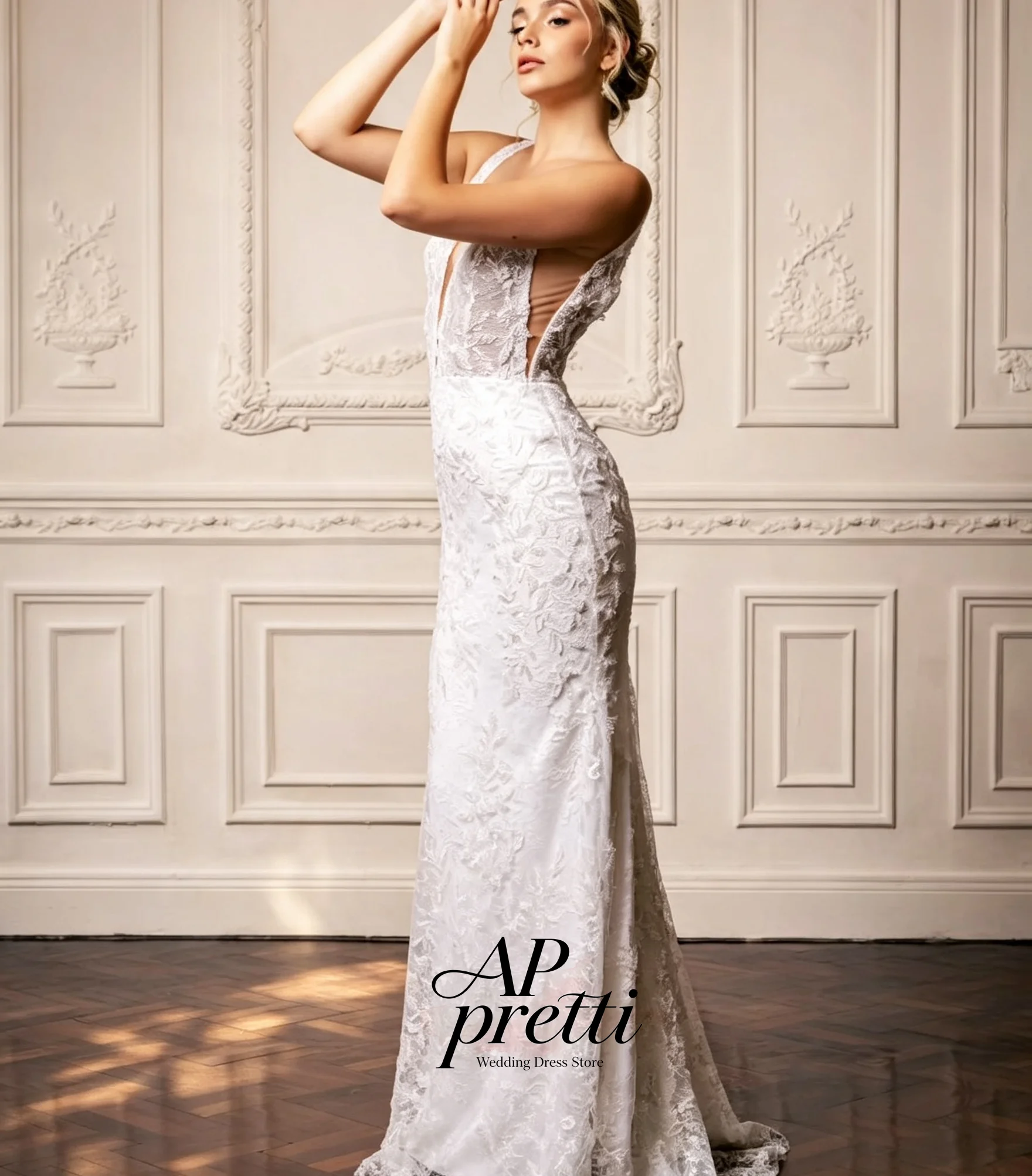AP pretti Ivory Lace Wedding Dresses V-neck Customized Sheath Sleeveless Floor-Length Bridal Gown Vestidos Novias Boda 2026