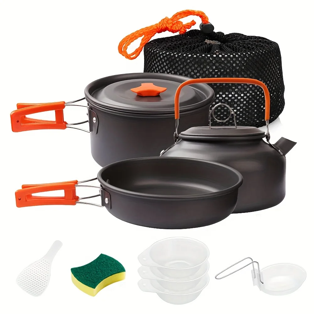 10-Piece Deluxe Camping Cookware Set - Outdoor Recreation Camping & Hiking Essentials - Non-Stick, Lightweight, Stackable,