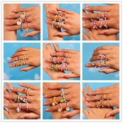 New Korean Colorful Bohemia Small Flower Rings Sets Handmade Beaded Finger Rings For Women Girls Summer Beach Jewelry Gifts