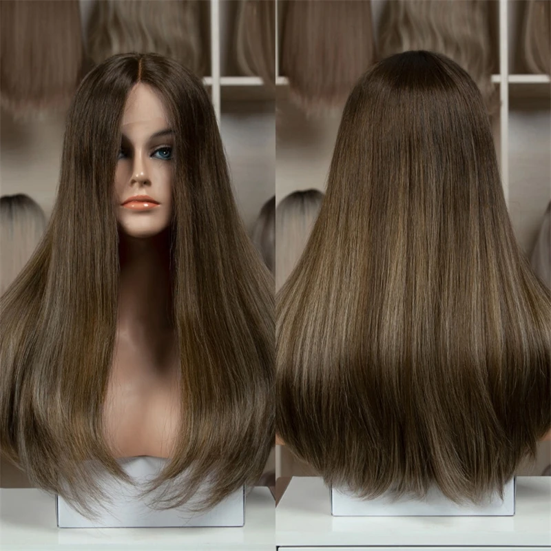 

Dark Brown with Honey Blonde Straks Lace Front Wig Good Quality Synthetic Wig Balayage Wig Fashion Straight Bob Natural Hairline