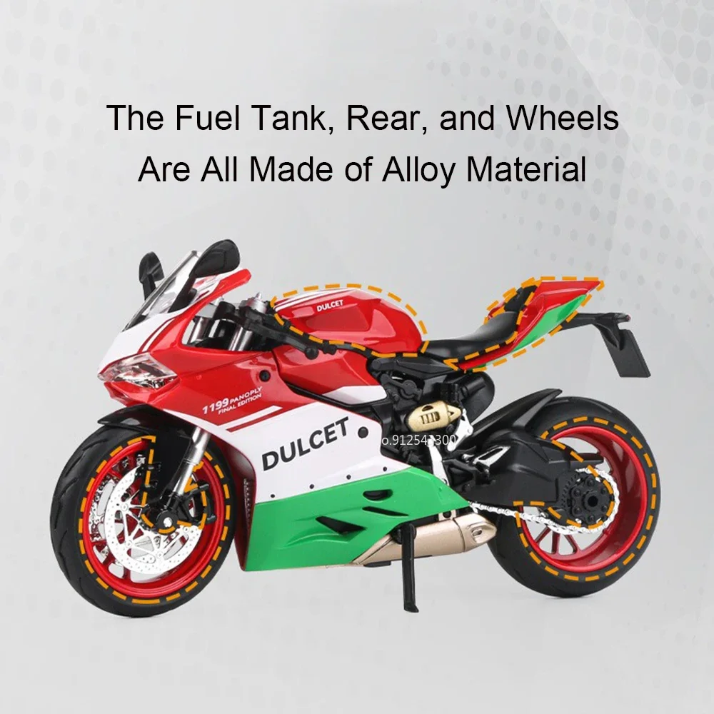 Model motocykla 1:12 1199 V4S, zabawka, samochód, muzyka, światła, amortyzacja, metalowy odlew, układ kierowniczy, kolekcja, prezenty