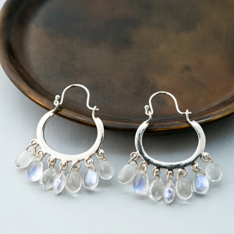 Elegant Waterdrop Transparent Beads Tassel Silvery Hoop Earrings for Women Fashion Chic Design Banquet Vacation Handmade Jewelry