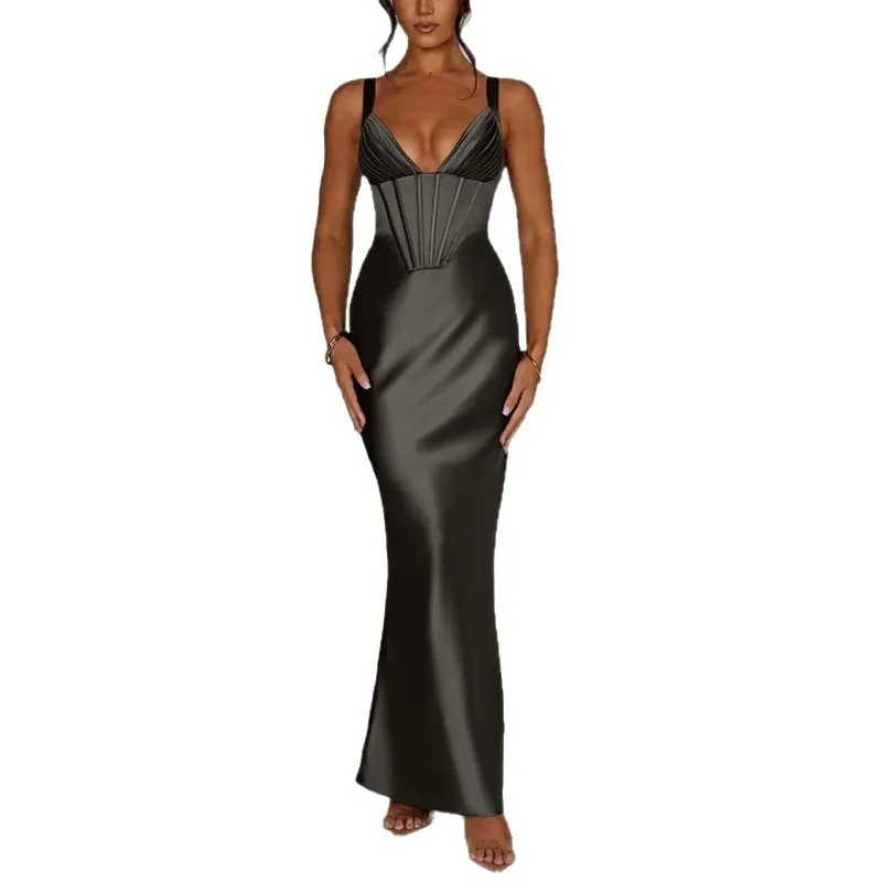 Vestido longo de cetim espinha de peixe feminino alça espaguete elegante estilo europeu e americano