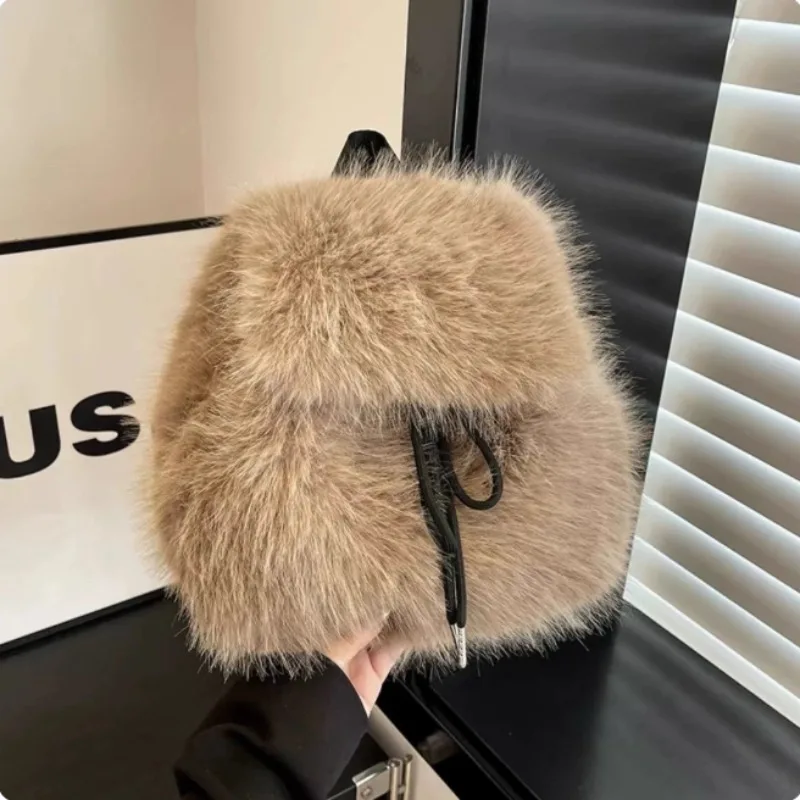Damen-Rucksack aus Kunstfell, großes Fassungsvermögen, Kordelzug, Klappentasche mit Magnetverschluss, lässige Schulreisetasche, Rucksäcke