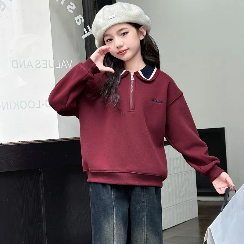 New Fashion Child Polo Sweatshirt with Zipper For Girls Long Sleeve Turn Down Collar T-shirt Kids Spring Autumn Cotton Outerwear