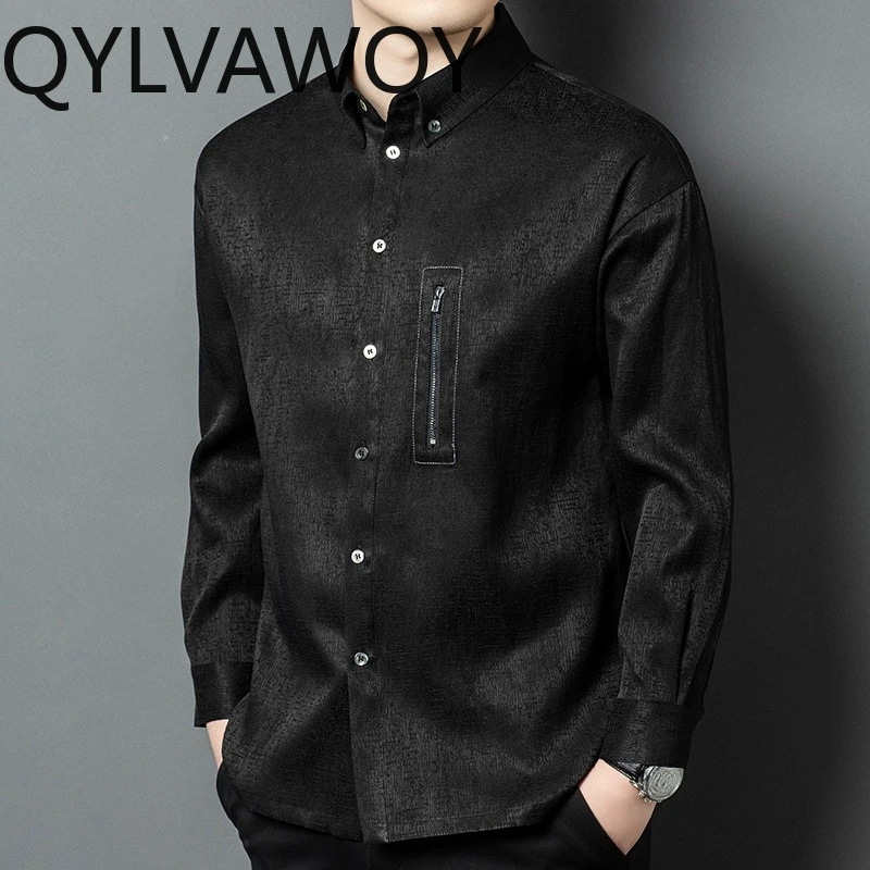 QYLVAWOY 100% Mulberry Silk Men's Shirts Spring Autumn Long Sleeve Shirt Man Tops Shirts for Man Casual Clothes Chinese Style