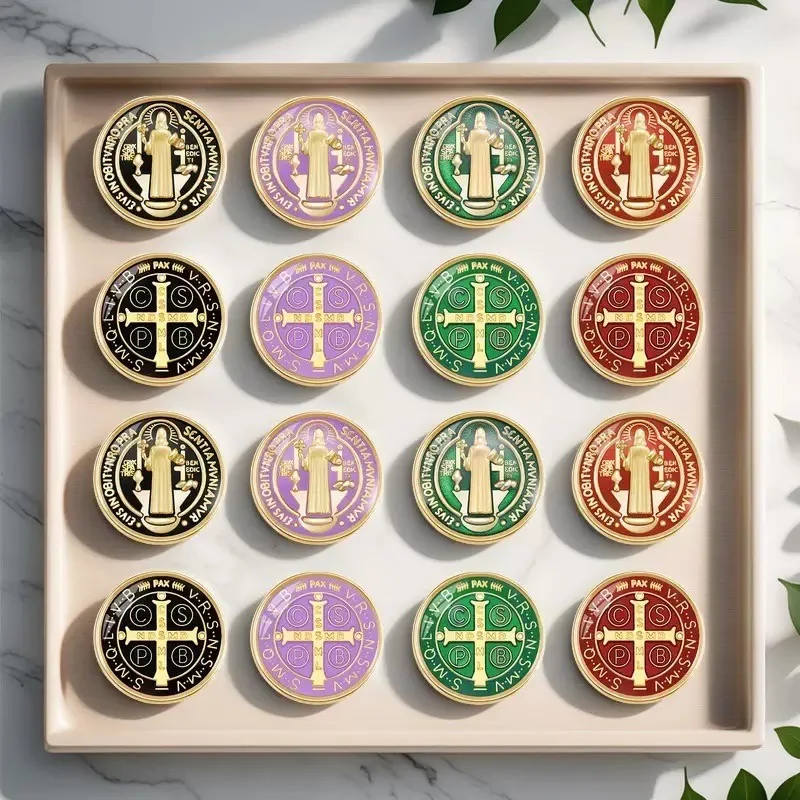12Pcs Multicolor Saint Benedict Medals Gold Plated Medal Favors Gifts Samll  beads Charm Making for neckalce and bracelet