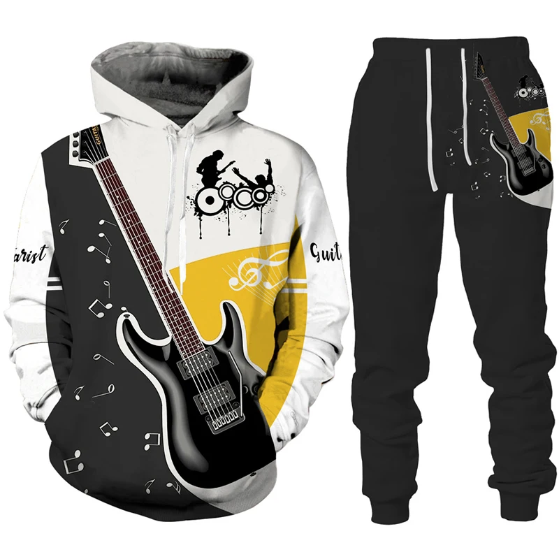 Novelty Rock Music Guitar 3D Print Hoodie/Suit Men\'s Tracksuit Casual Pullover Sweatshirts+Pants Set Hip Hop Streetwear Clothing