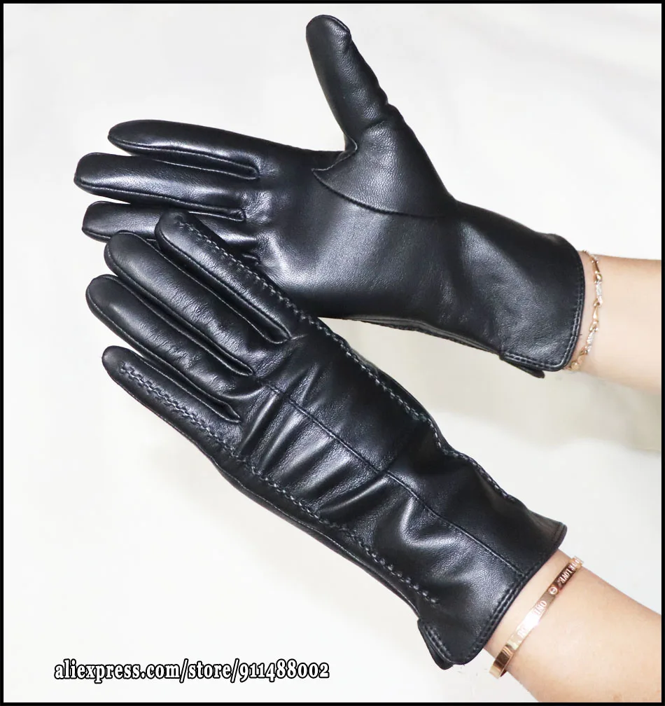 Leather gloves women's sheepskin flannel lining winter warmth high-grade black touch screen color leather gloves driving new