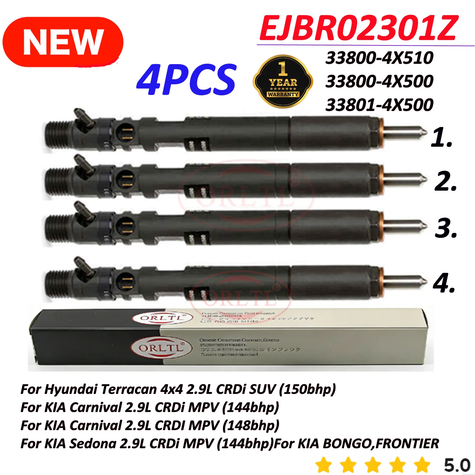 4PCS Injetor Diesel Common Rail 100% Original EJBR02301Z para KIA Carnival Hyundai Terracan 2.9 CRDi 33800-4X500