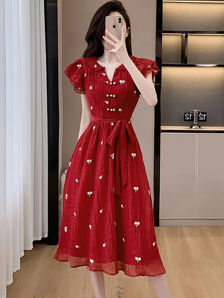 여성 우아한 플라잉 슬리브 캐주얼 드레스 2025 한국 빈티지 파티 드레스 여름 레드 자카드 플로럴 시크 보우 밴디지 롱 드레스