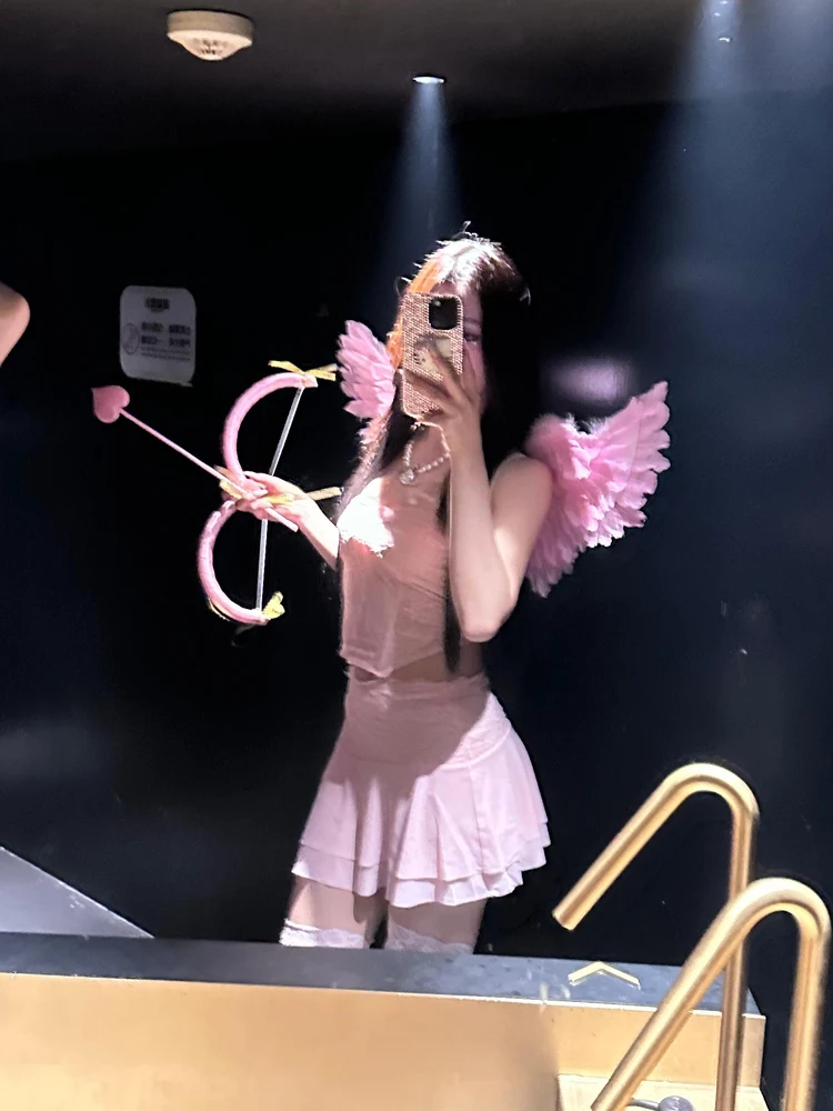 الوردي الملاك كيوبيد تأثيري الزي الدانتيل المحاصيل سترة f تنورة مجموعة المرأة Faion المرحلة زي التقليدية Hanfu الخريف 2025