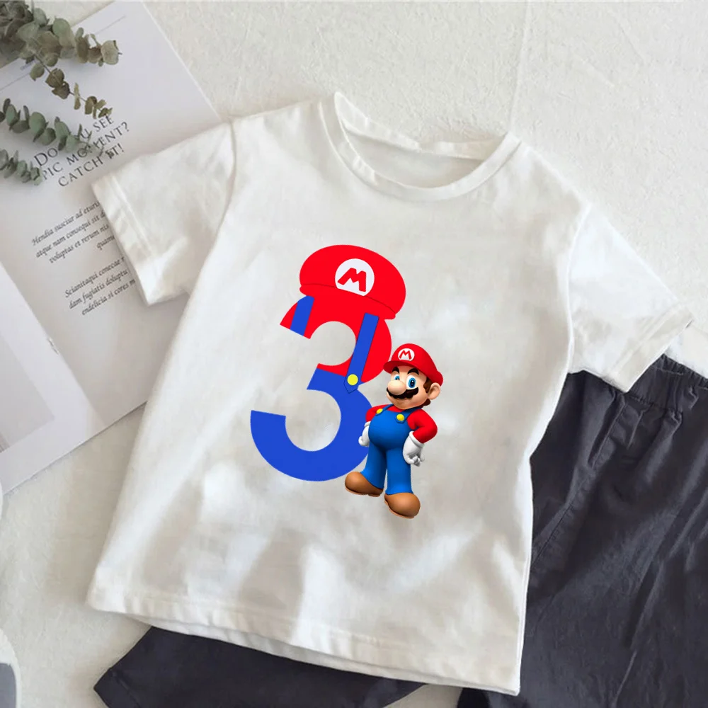 Super Mario T-shirt  Anime Birthday Lucky Number Print T Shirt Cute Children Clothing Tops Toddler Tees Casual Clothes Tops Tees