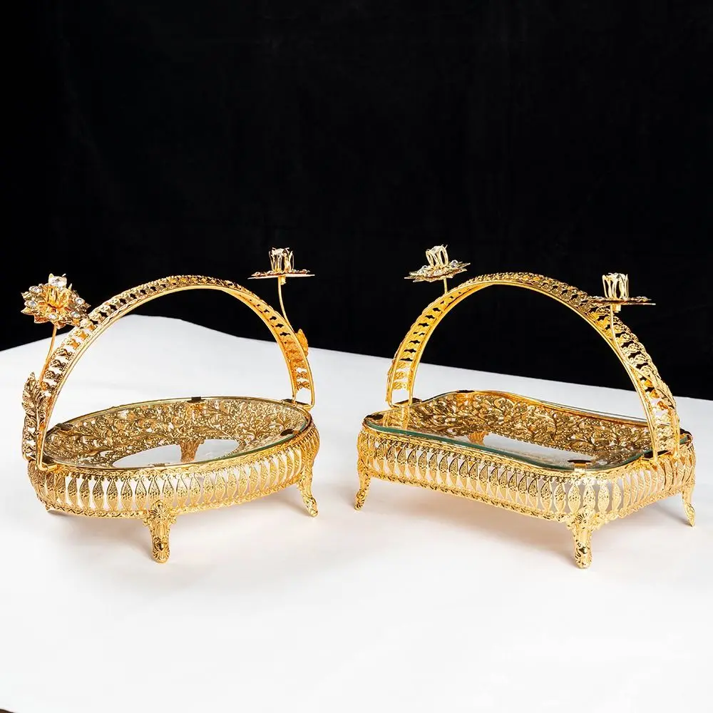 

Craft Metal Fruit Plate Retro Exquisite Storage Basket Handheld Multi-Function Golden Glass Plate Kitchen