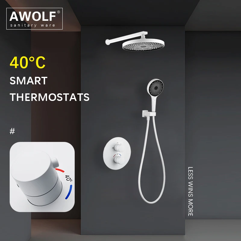 Awolf Bathroom White 40°C Smart Thermostatic Shower System Solid Brass Wall Mounted Split Embedded Bath Shower Mixer Set AH3060