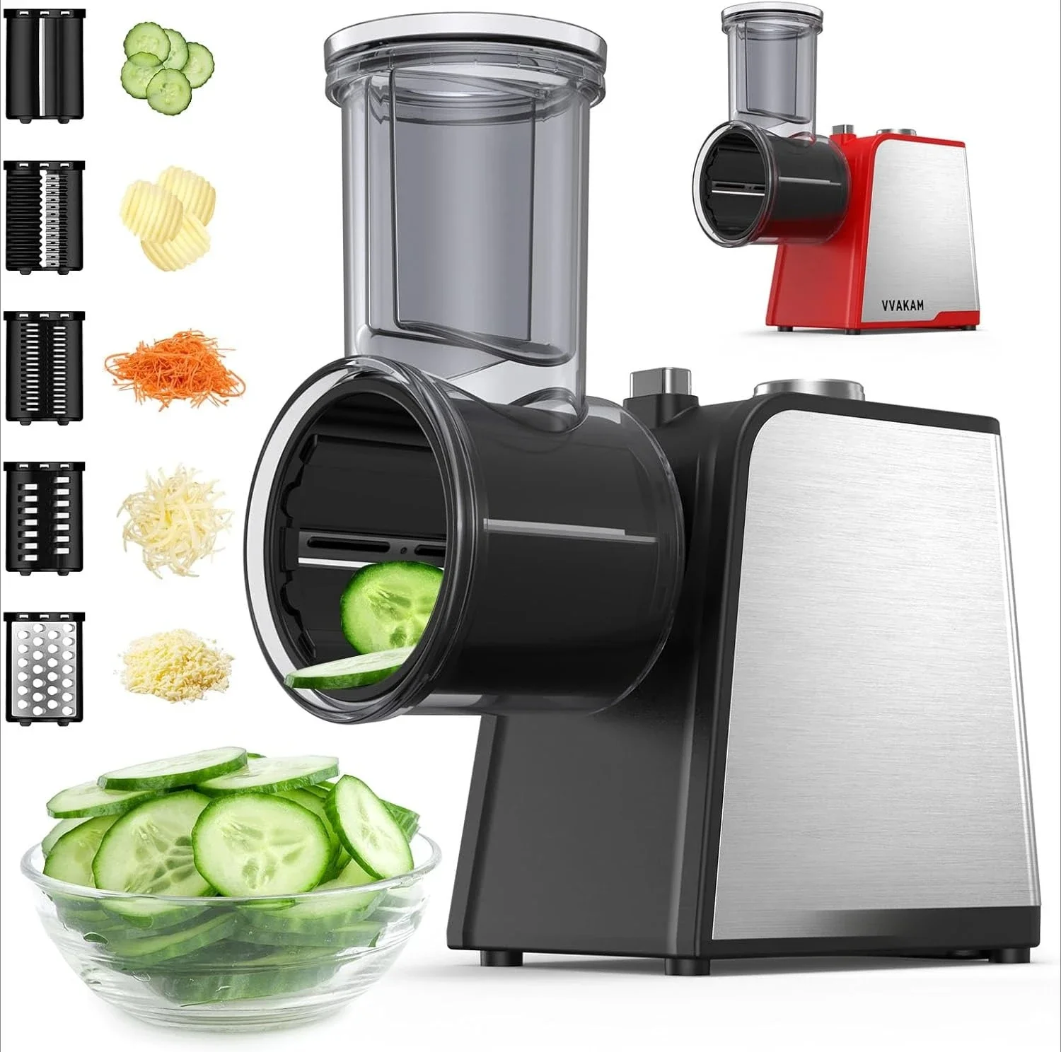 

Electric Grater,300W DC Motor Peeling,Grating & Slicing Tools Shredder with 5 Different Shapes of Blades, Electric Rotary Grater