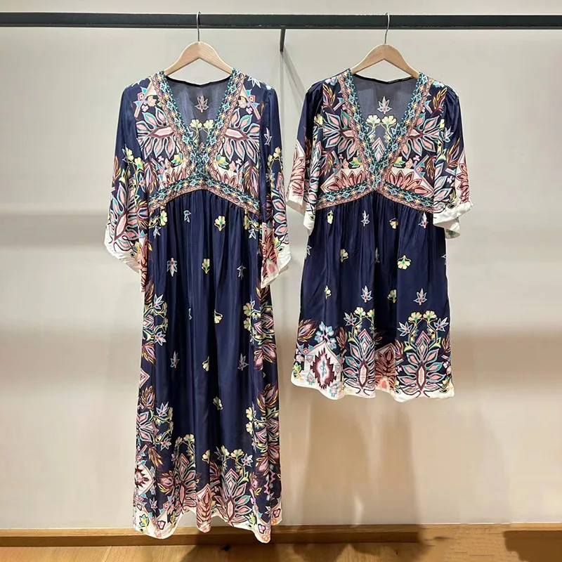 

Dress for Women 2024 New Spring Summer Printed V-neck Loose Vintage Short Sleeve Mini Robes or Long Dress