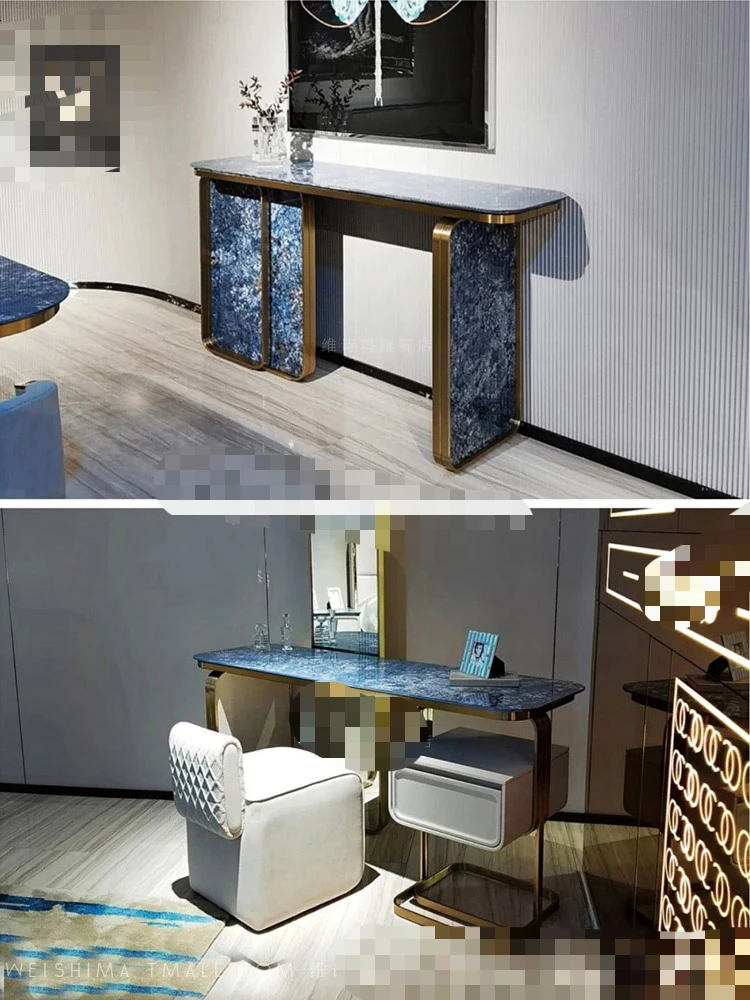 Entrance cabinet, table sapphire rock slab, light luxury Italian minimalism, bright rock , dream blue foyer