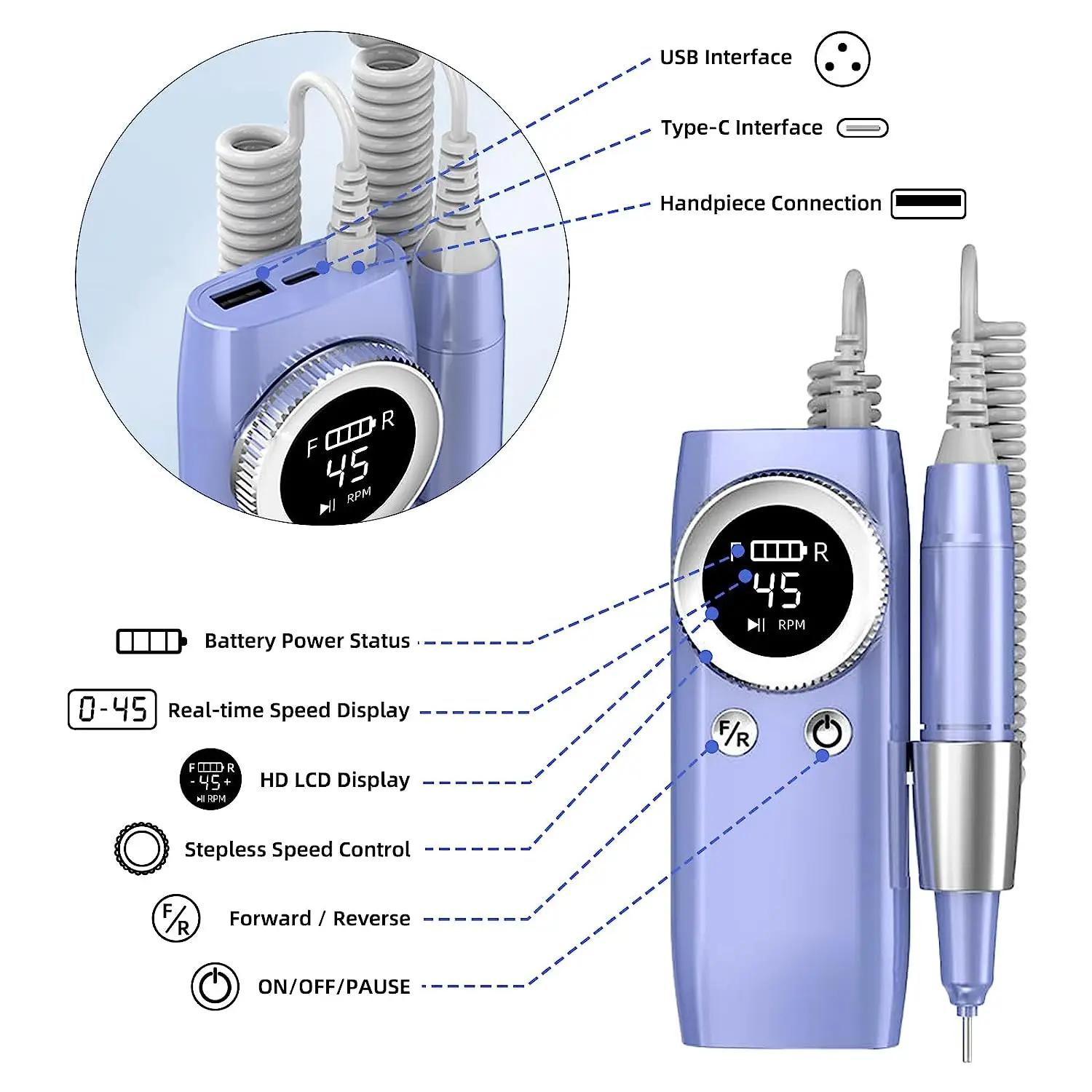 Máquina da broca do prego da beleza do diamante, lixadeira elétrica do prego com exposição do LCD, lima do prego do gel, removedor polonês, máquina do manicure, 45000RPM