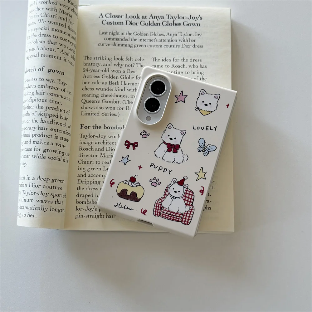 Cute Puppy Dog Cake Print Phone Case For Samsung Galaxy Z Fold 8 Shockproof Cover With Colorful Cube Beaded Wrist Lanyard