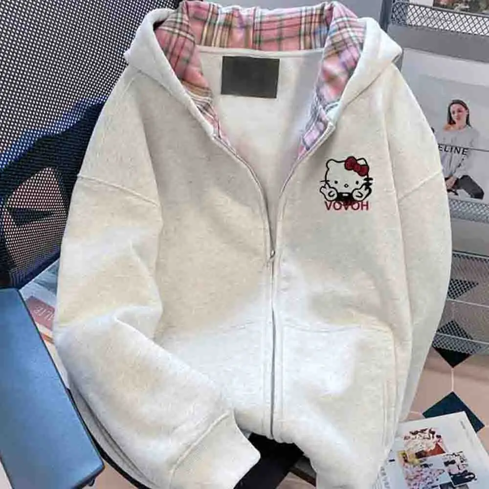 Hello Kitty Women's Hooded Sweatshirt Kawaii Cartoon Student Autumn Long Sleeve Zipper Top Women's Clothing Y2K Printed Coat view 2