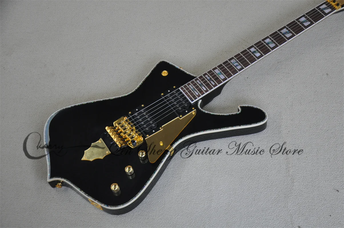 

Black Electric Guitar Ice M Guitar Tremolo Bridge Gold Mirror Pickguard Color Shell Binding HH Pickups Gold Tuners 22 Frets