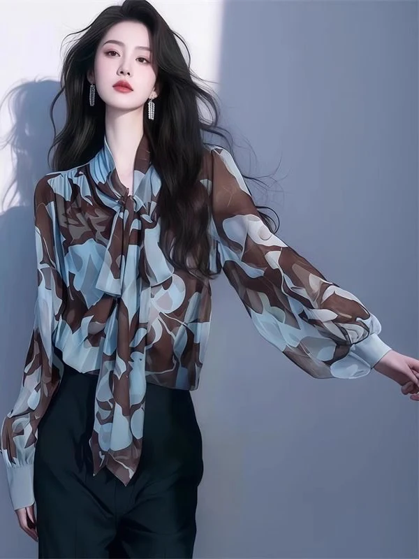 

Retro Floral Print Blue Chiffon Shirt Women's Spring New Style High End Long Sleeve Sun Protection Top Loose Fit V Neck Butto...