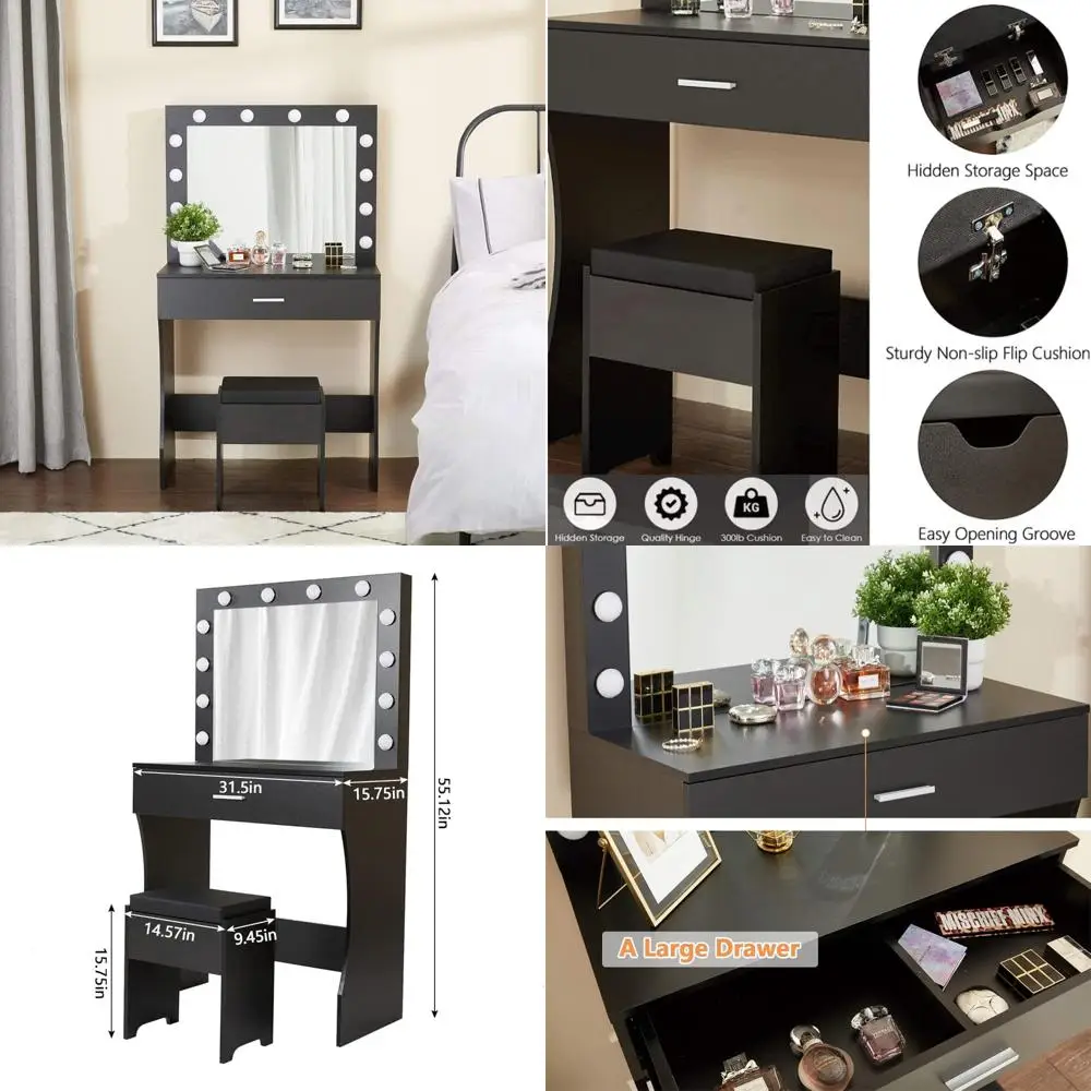 Illuminated Mirror Vanity Table Set with Storage and Cushioned Stool for Women's Makeup