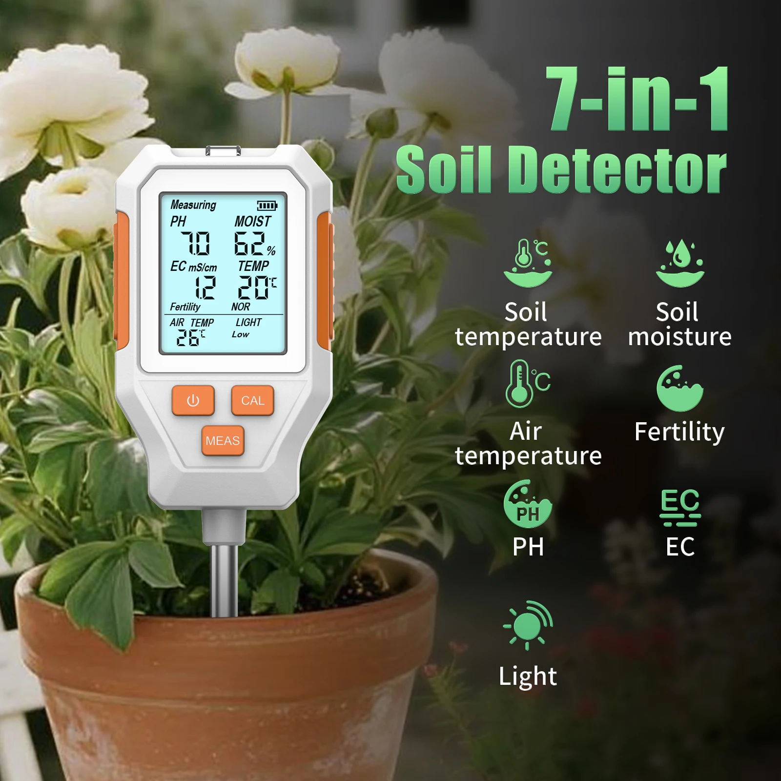 New LCD Soil 7 in 1 PH/EC/Temperature/Moisture/Air Temp/Fertility/Sunlight Soil Meter Detector DigitalTester for Garden