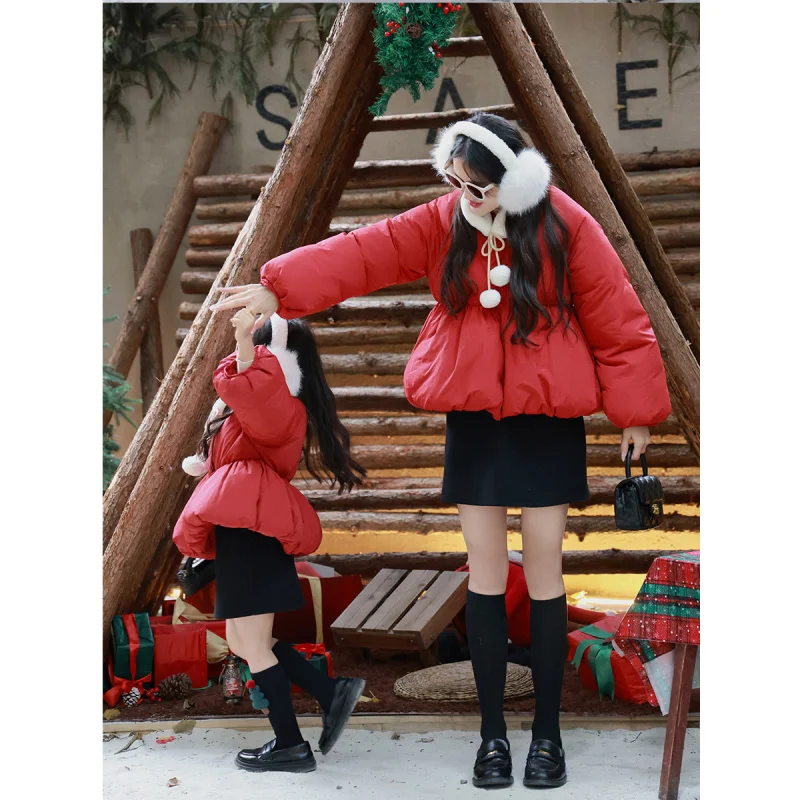 Family Matching Christmas New Year Mother and Daughter Cotton Coat Mid-Length Korean Style Puffy Cotton Coat with Faux Mink Fur