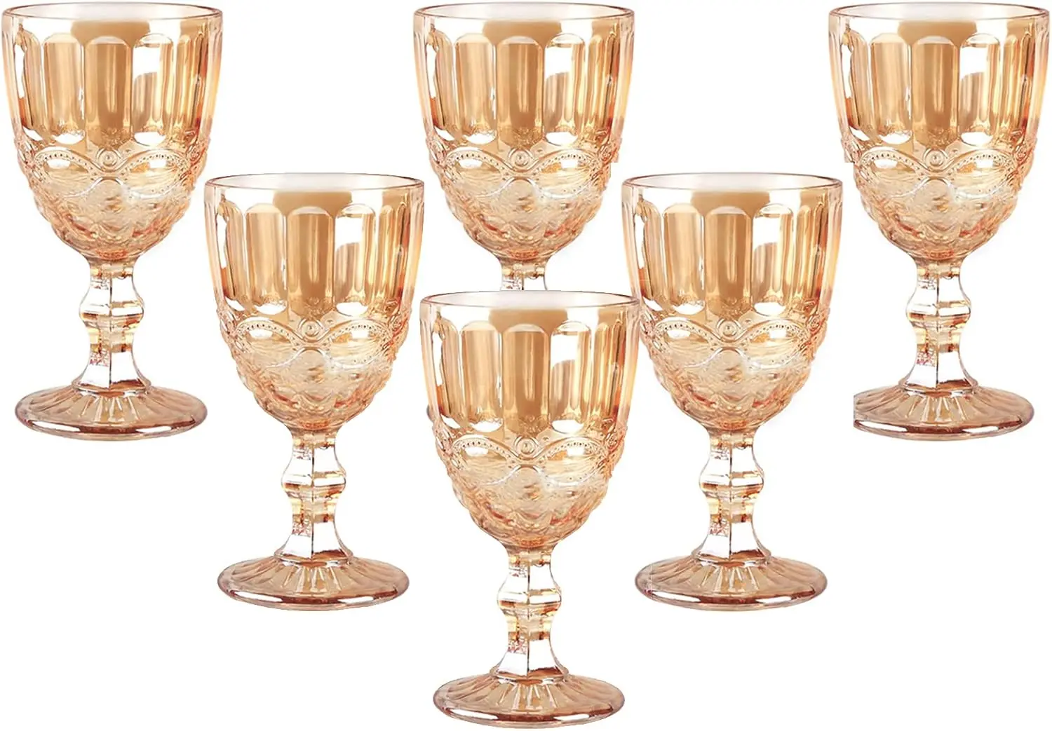 

Vintage Wine Glasses Set of 6, 10 Ounces Colored Glass Water Goblets, Unique Embossed Pattern High Clear Stemmed Glassware Weddi