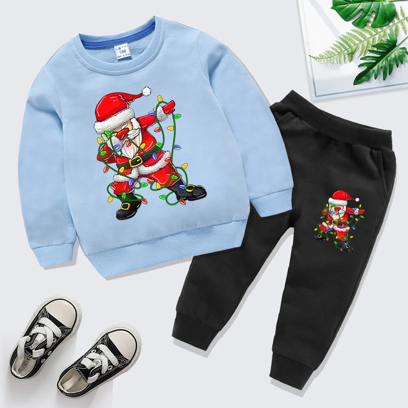 Kids New Christmas Santa Claus Dabbing Print Tracksuit Winter Long Sleeve Sweatshirt Matching Pants Boys Girls Xmas 2pc Sets