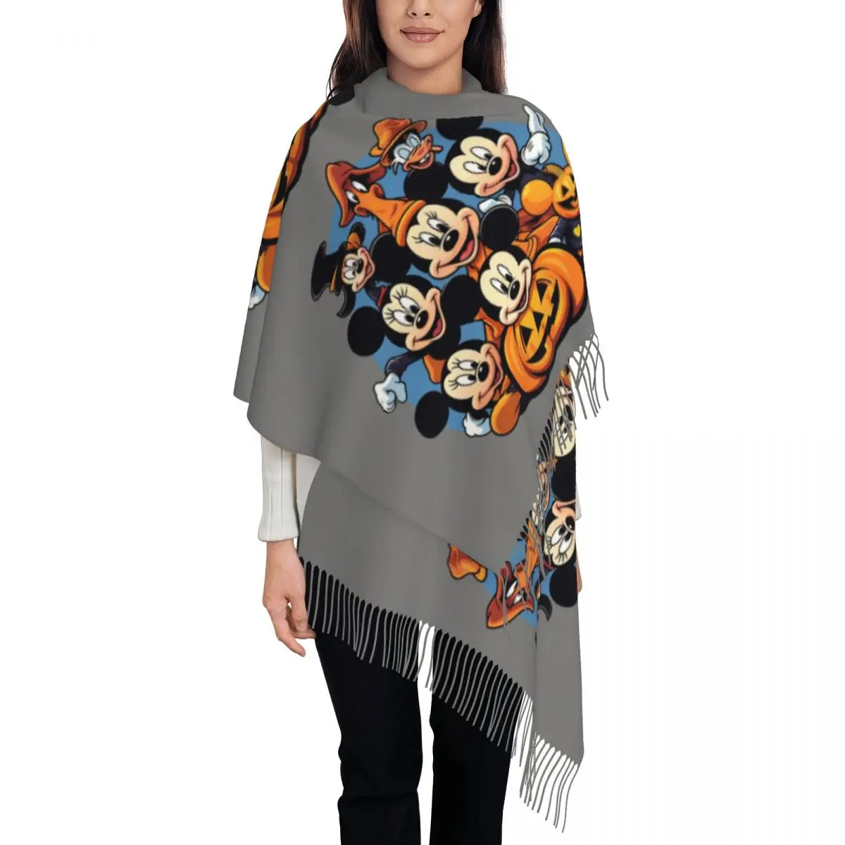 

Женские длинные шарфы с Микки Маусом на день всех святых, женские зимне-осенние мягкие теплые шаль с кисточками, шарф