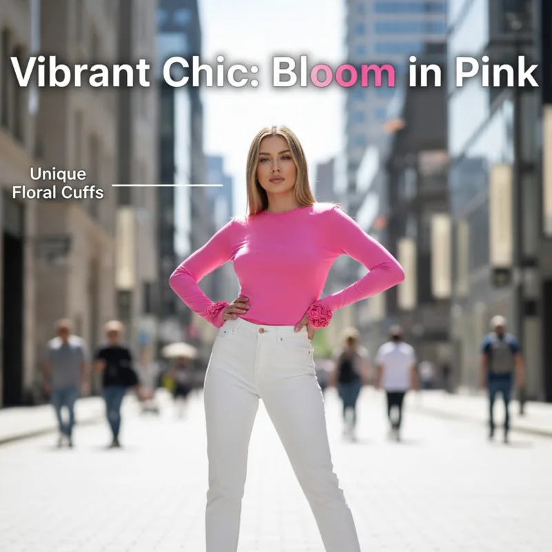 

Elegant Women's Long Sleeve Tee With Delicate 3D Floral Accents Bodycon Slim Top Soft Breathable Fabric For Daily Casual Outfits