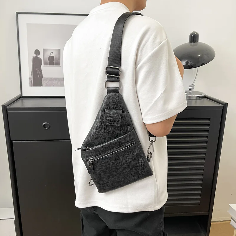 Men's cowhide chest bag, multi-layered business irregular-shaped crossbody bag, genuine leather men's single shoulder bag
