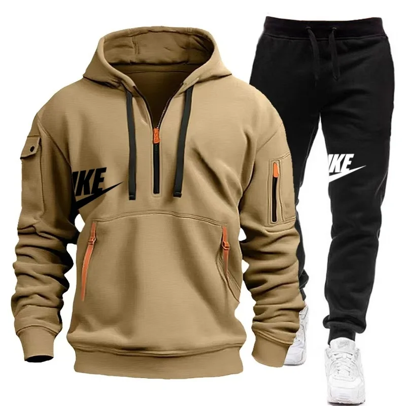 2024 new men\'s multi-pocket zipper hoodie + sweatpants two-piece jogging leisure fitness sports clothing set Large size S-3XL