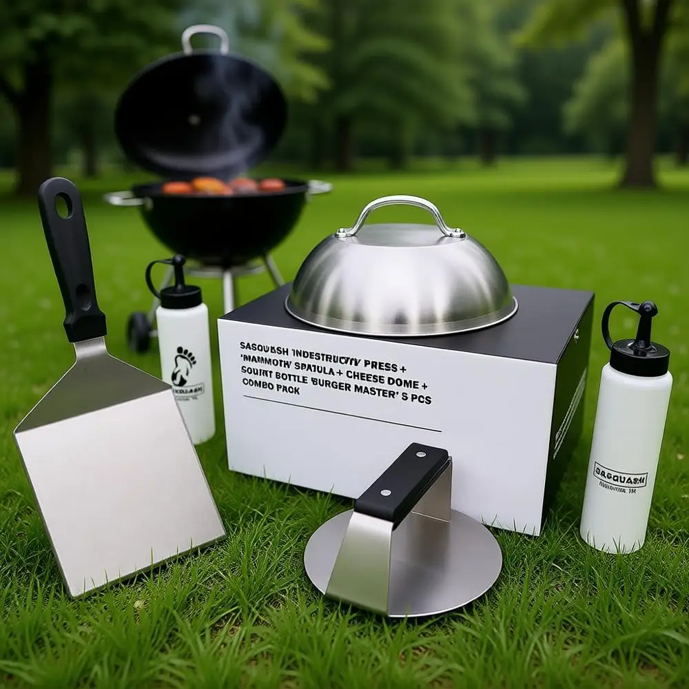 

6 Heavy Duty Extra Wide Lat Handle Smashed Burger Press - Commercial Grade Welded Stainless Steel Burger Smasher (5pc Kit)