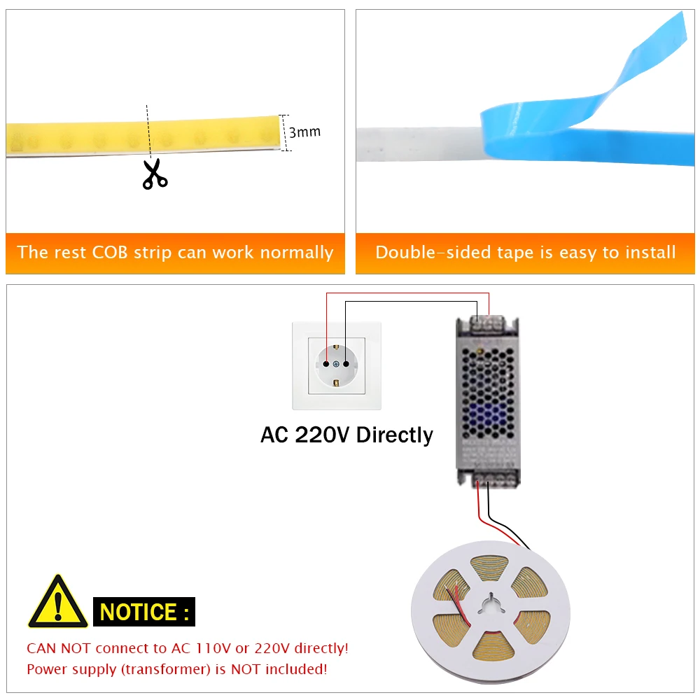 DC 12V 24V COB LED Strip Ultra Thin 3mm PCB Width FOB Lights 384LEDs/m CRI90 High Density LED Tape Flexible Liner Lighting