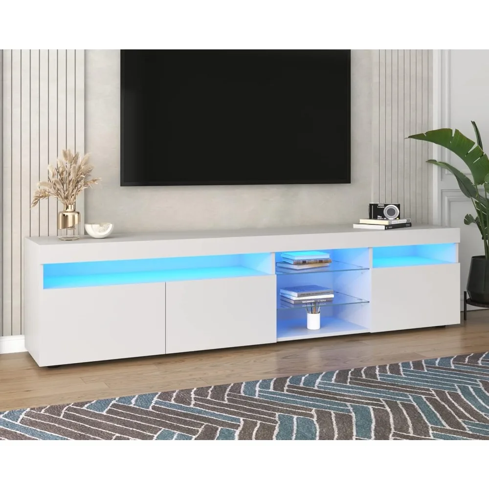 TV Stand with LED Lights, Storage Cabinets, Glass Shelves, Entertainment Center for TVs Up To 80”, High Gloss 2-Tier TV Stand